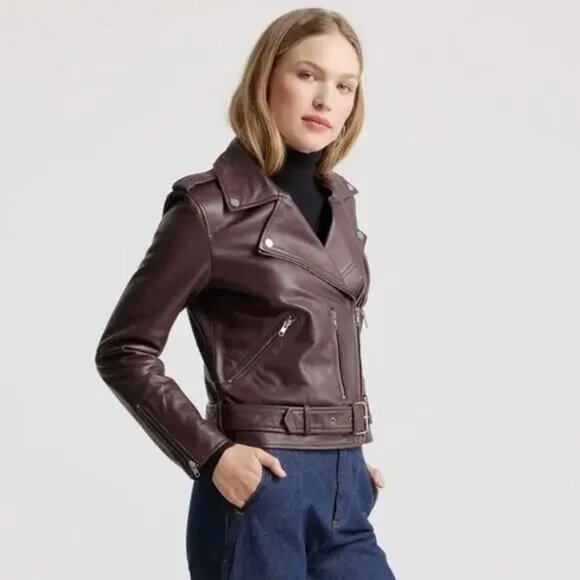 Quince 100% Leather Motorcycle Jacket, Burgundy, size Large - Picture 3 of 5
